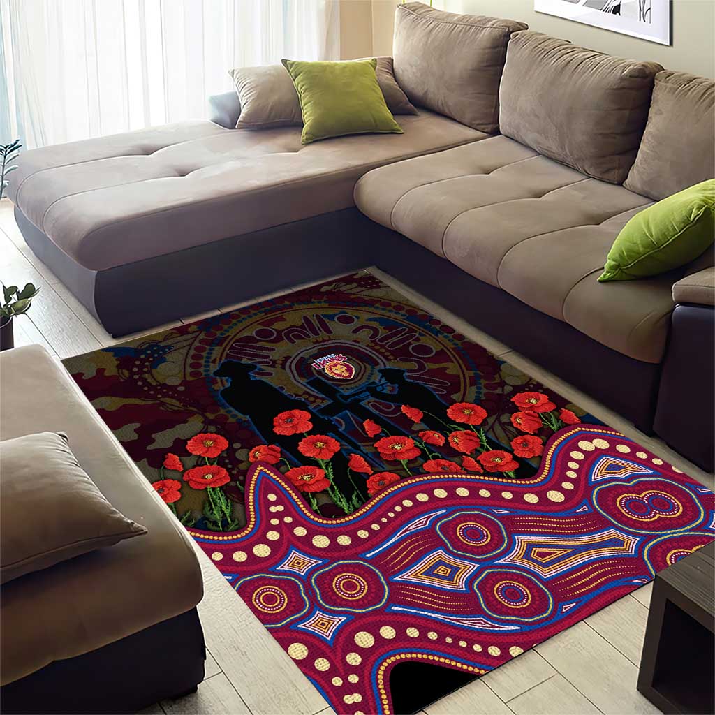 Brisbane Lions ANZAC Day Area Rug Indigenous Dot Art with Poppy Flower Tribute