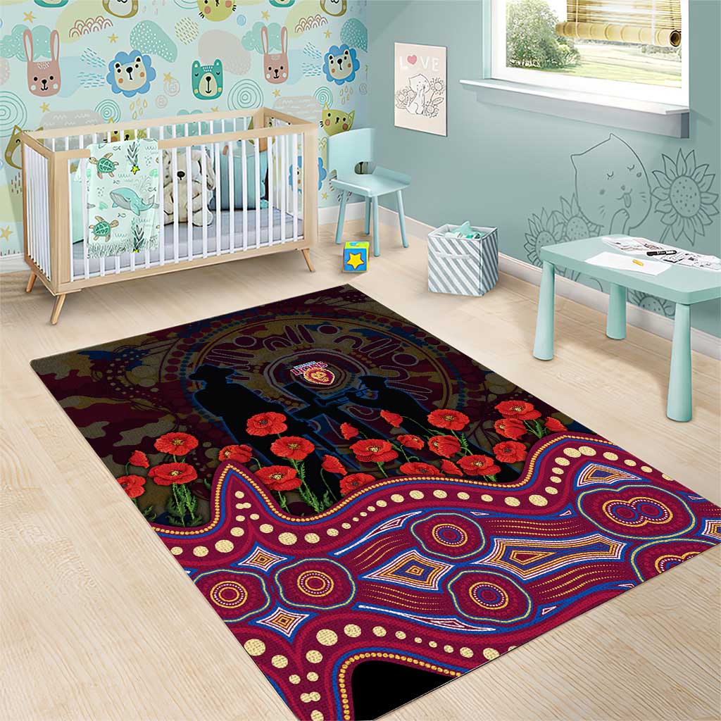 Brisbane Lions ANZAC Day Area Rug Indigenous Dot Art with Poppy Flower Tribute