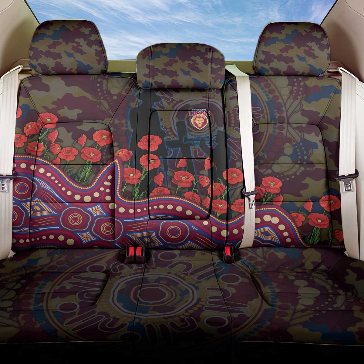 Brisbane Lions ANZAC Day Back Car Seat Cover Indigenous Dot Art with Poppy Flower Tribute