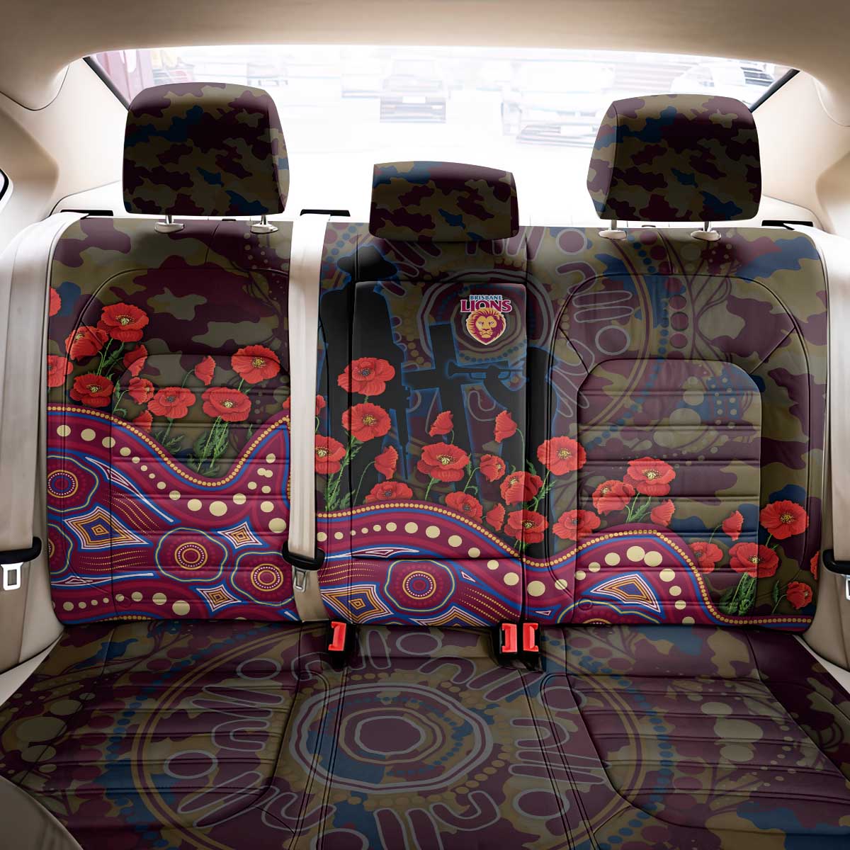 Brisbane Lions ANZAC Day Back Car Seat Cover Indigenous Dot Art with Poppy Flower Tribute
