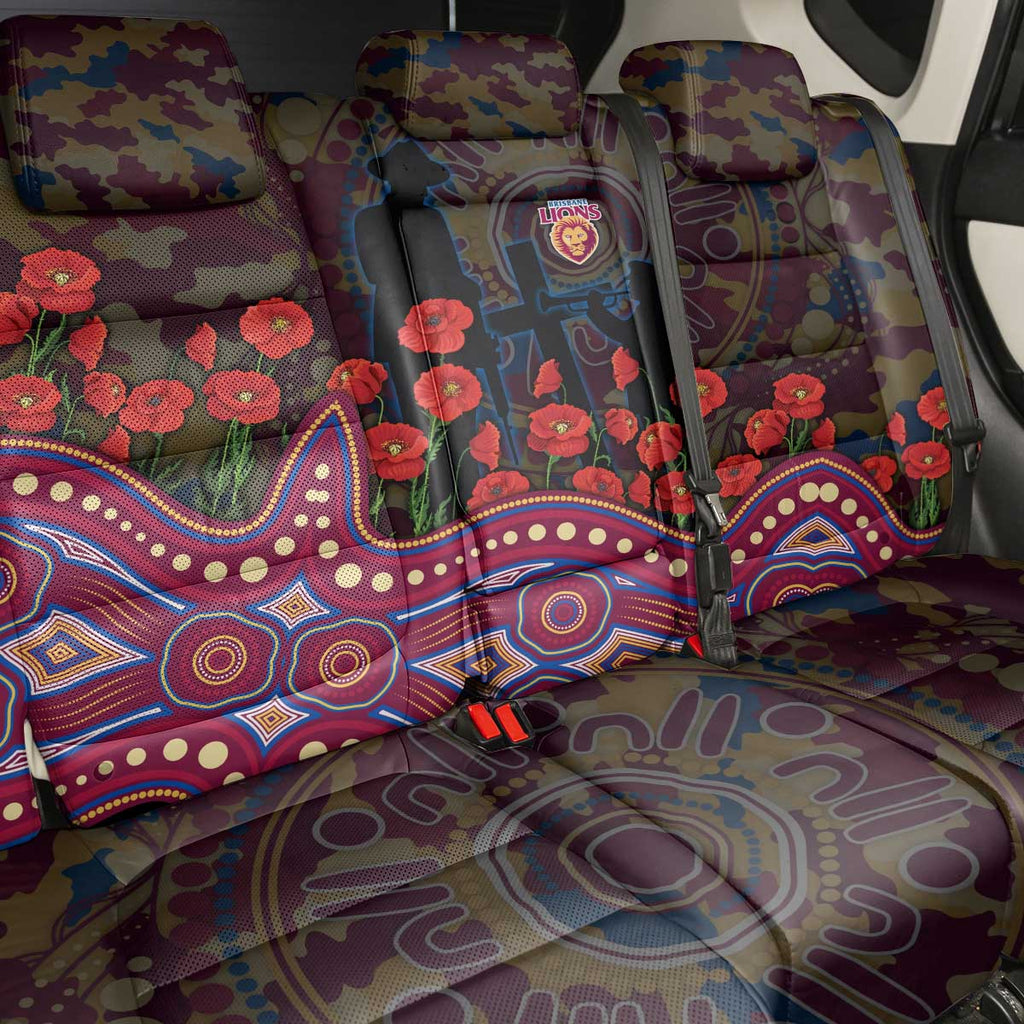 Brisbane Lions ANZAC Day Back Car Seat Cover Indigenous Dot Art with Poppy Flower Tribute