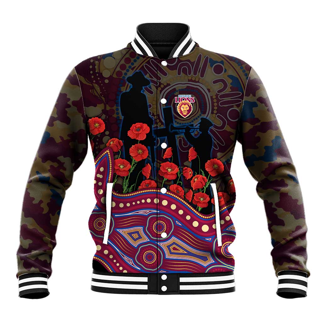 Brisbane Lions ANZAC Day Baseball Jacket Indigenous Dot Art with Poppy Flower Tribute