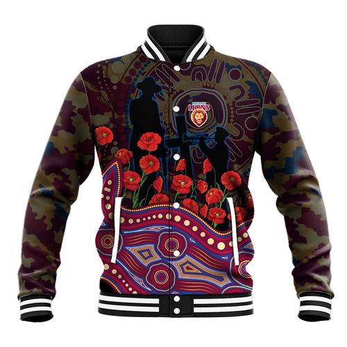 Brisbane Lions ANZAC Day Baseball Jacket Indigenous Dot Art with Poppy Flower Tribute