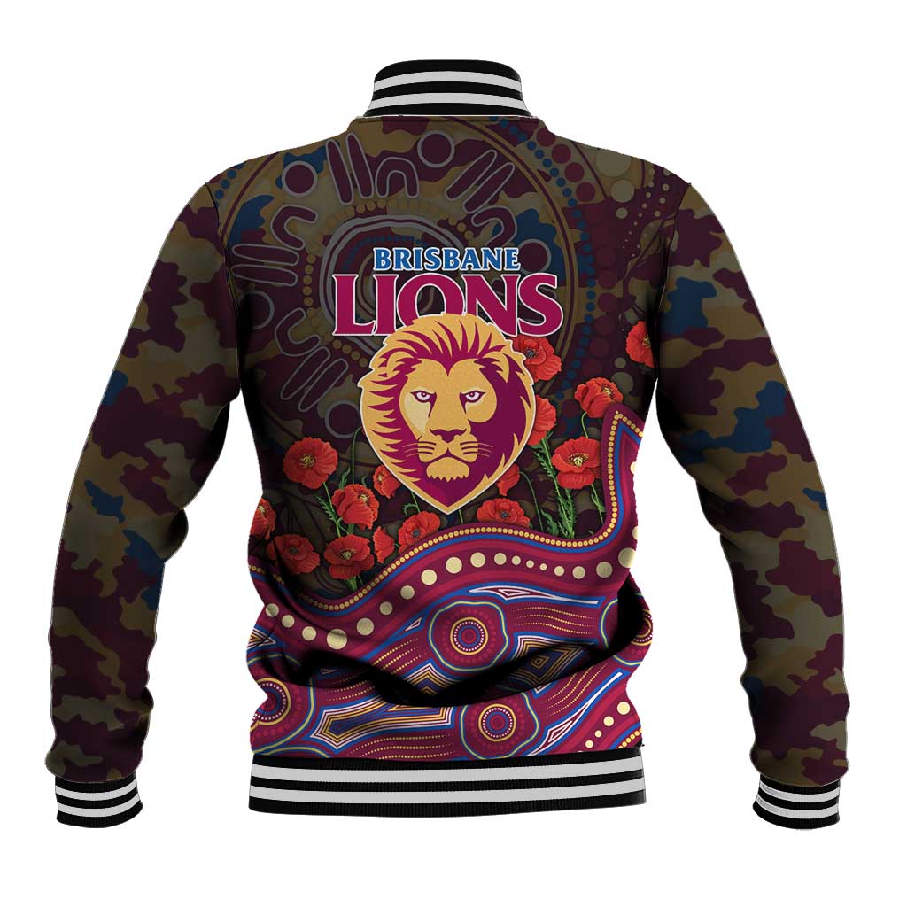 Brisbane Lions ANZAC Day Baseball Jacket Indigenous Dot Art with Poppy Flower Tribute