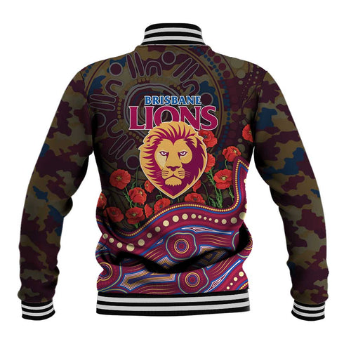 Brisbane Lions ANZAC Day Baseball Jacket Indigenous Dot Art with Poppy Flower Tribute