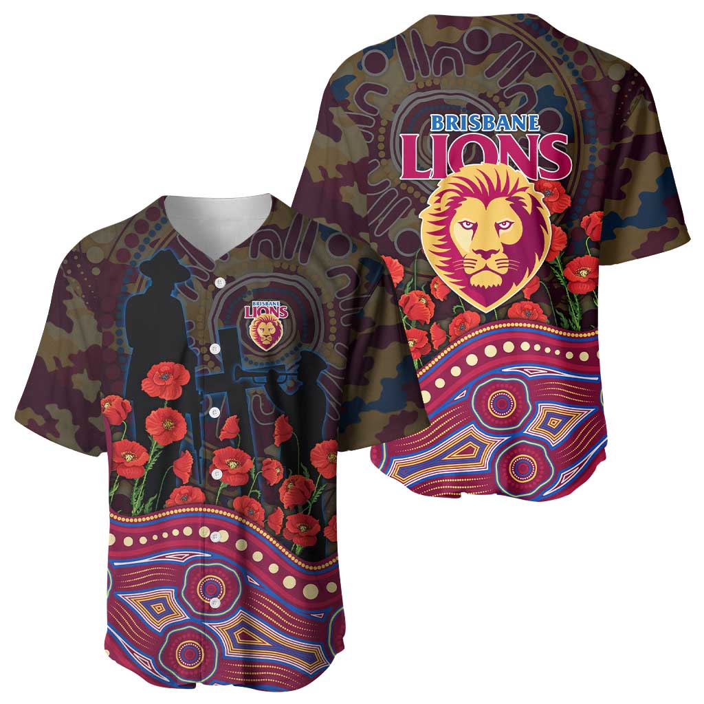 Brisbane Lions ANZAC Day Baseball Jersey Indigenous Dot Art with Poppy Flower Tribute