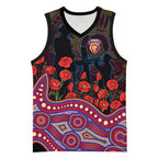 Brisbane Lions ANZAC Day Basketball Jersey Indigenous Dot Art with Poppy Flower Tribute