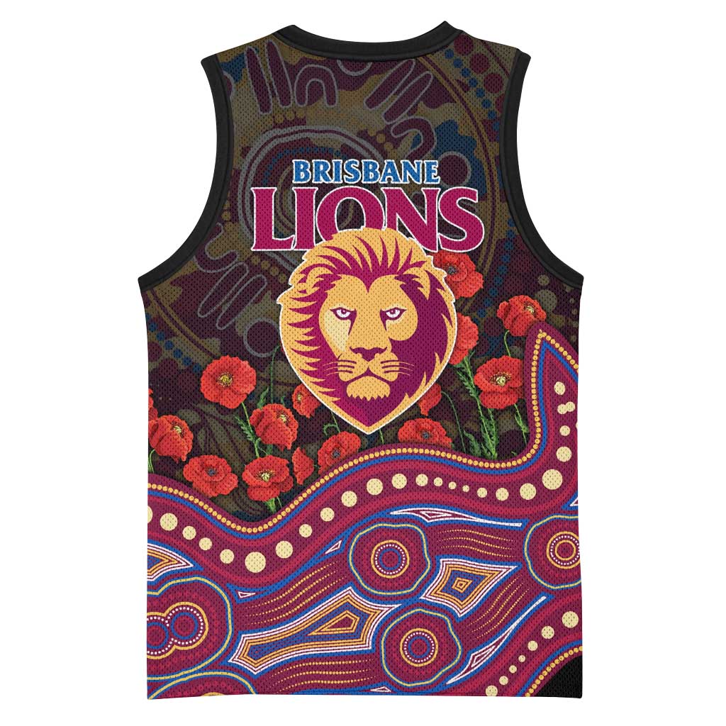 Brisbane Lions ANZAC Day Basketball Jersey Indigenous Dot Art with Poppy Flower Tribute