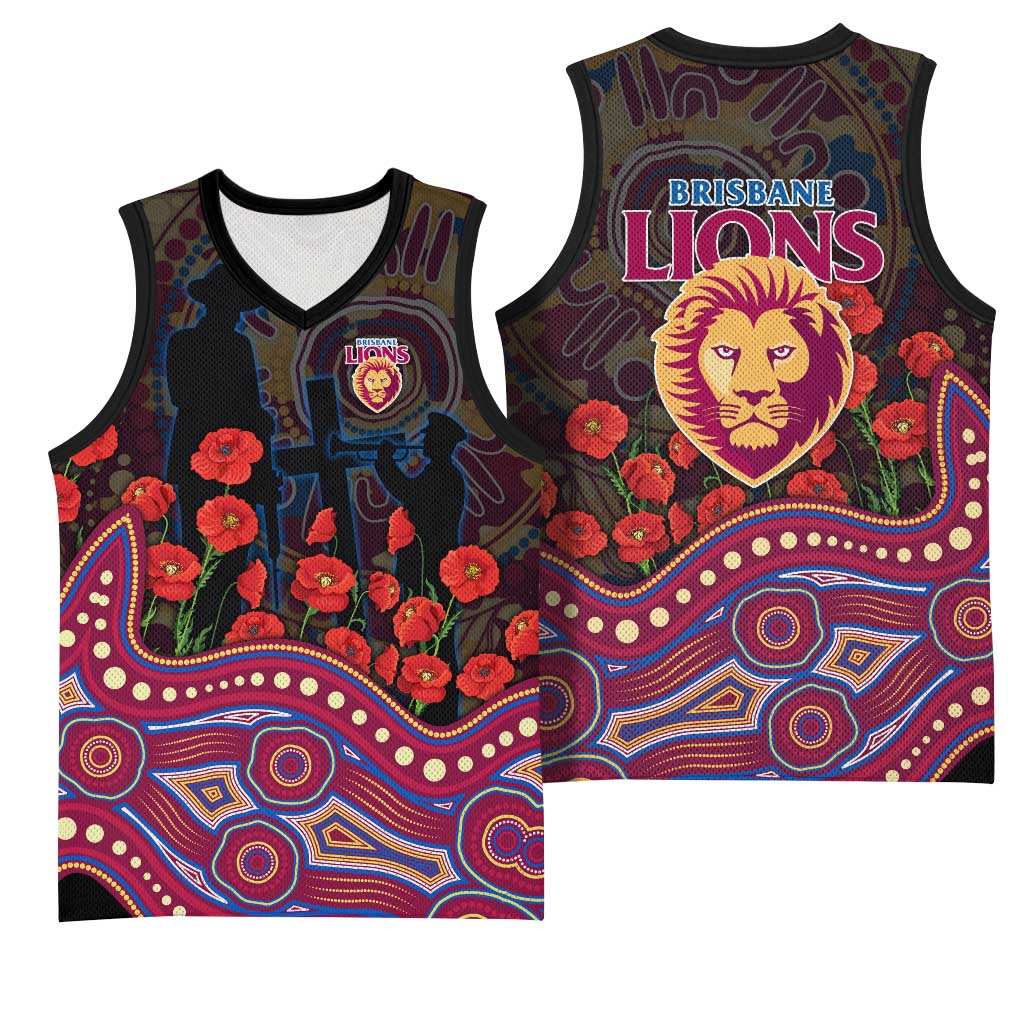 Brisbane Lions ANZAC Day Basketball Jersey Indigenous Dot Art with Poppy Flower Tribute