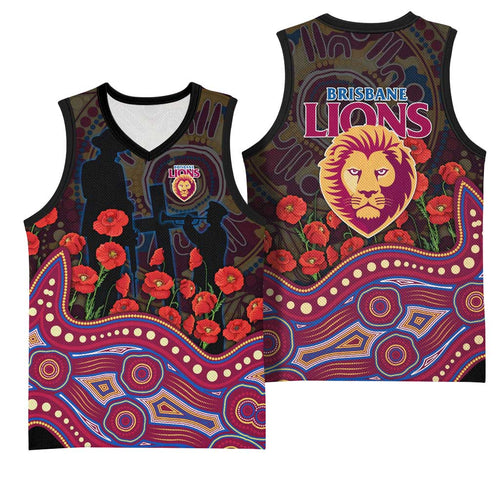 Brisbane Lions ANZAC Day Basketball Jersey Indigenous Dot Art with Poppy Flower Tribute