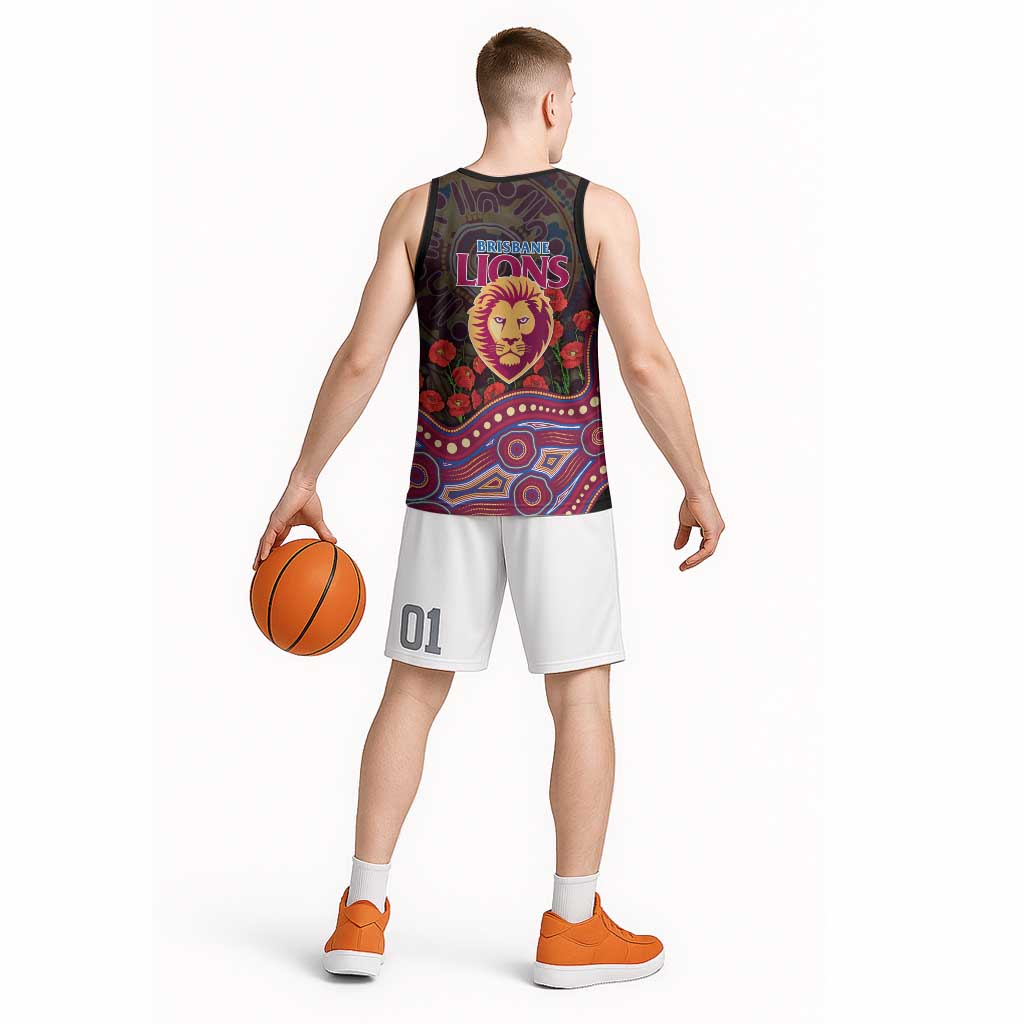 Brisbane Lions ANZAC Day Basketball Jersey Indigenous Dot Art with Poppy Flower Tribute
