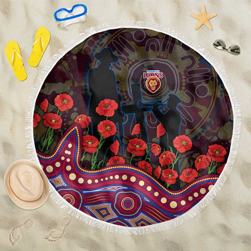Brisbane Lions ANZAC Day Beach Blanket Indigenous Dot Art with Poppy Flower Tribute