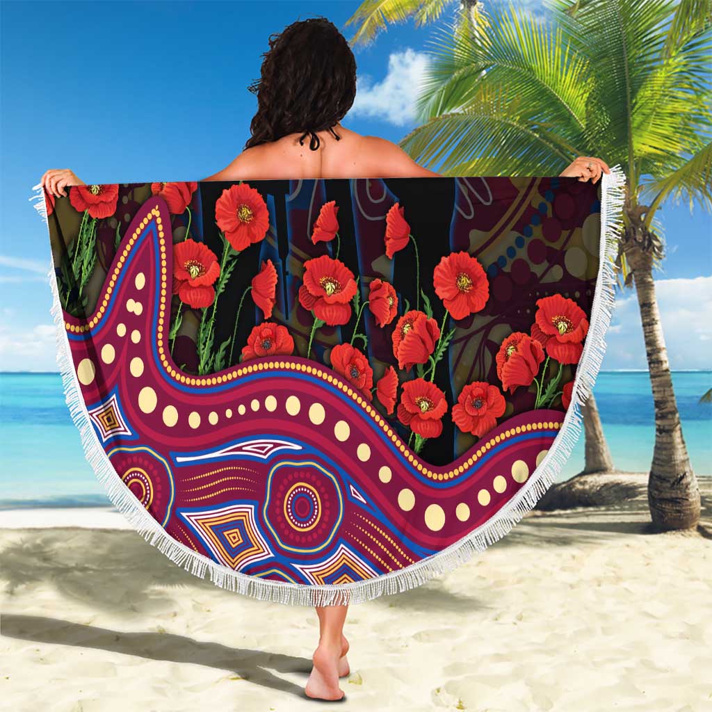 Brisbane Lions ANZAC Day Beach Blanket Indigenous Dot Art with Poppy Flower Tribute