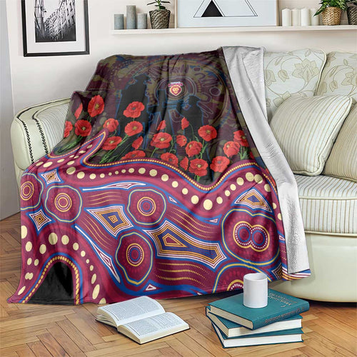 Brisbane Lions ANZAC Day Blanket Indigenous Dot Art with Poppy Flower Tribute
