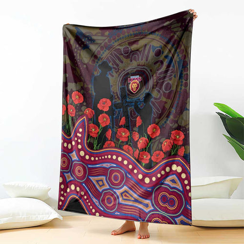 Brisbane Lions ANZAC Day Blanket Indigenous Dot Art with Poppy Flower Tribute