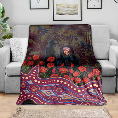 Brisbane Lions ANZAC Day Blanket Indigenous Dot Art with Poppy Flower Tribute