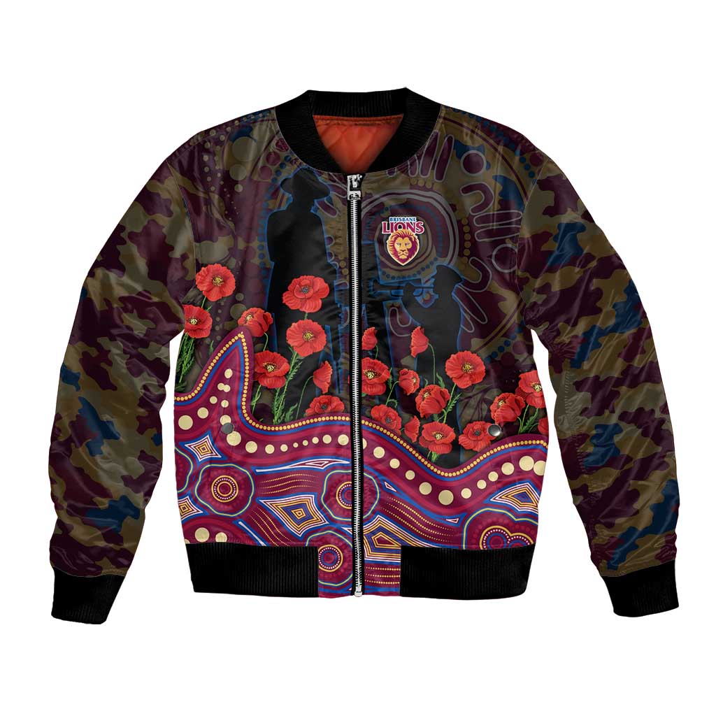 Brisbane Lions ANZAC Day Bomber Jacket Indigenous Dot Art with Poppy Flower Tribute