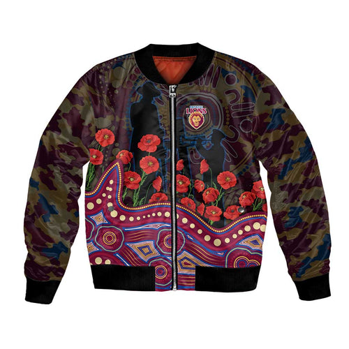 Brisbane Lions ANZAC Day Bomber Jacket Indigenous Dot Art with Poppy Flower Tribute