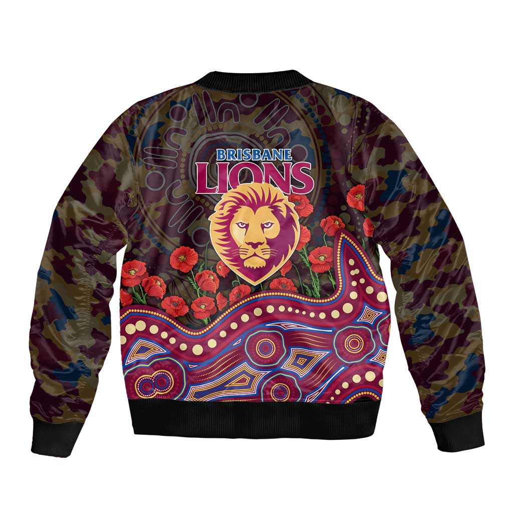 Brisbane Lions ANZAC Day Bomber Jacket Indigenous Dot Art with Poppy Flower Tribute