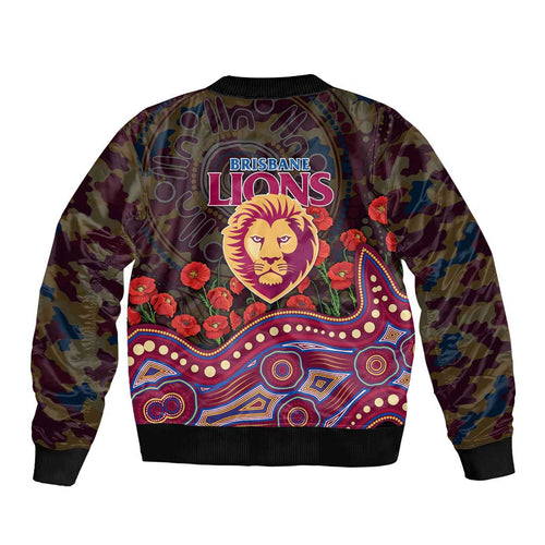 Brisbane Lions ANZAC Day Bomber Jacket Indigenous Dot Art with Poppy Flower Tribute