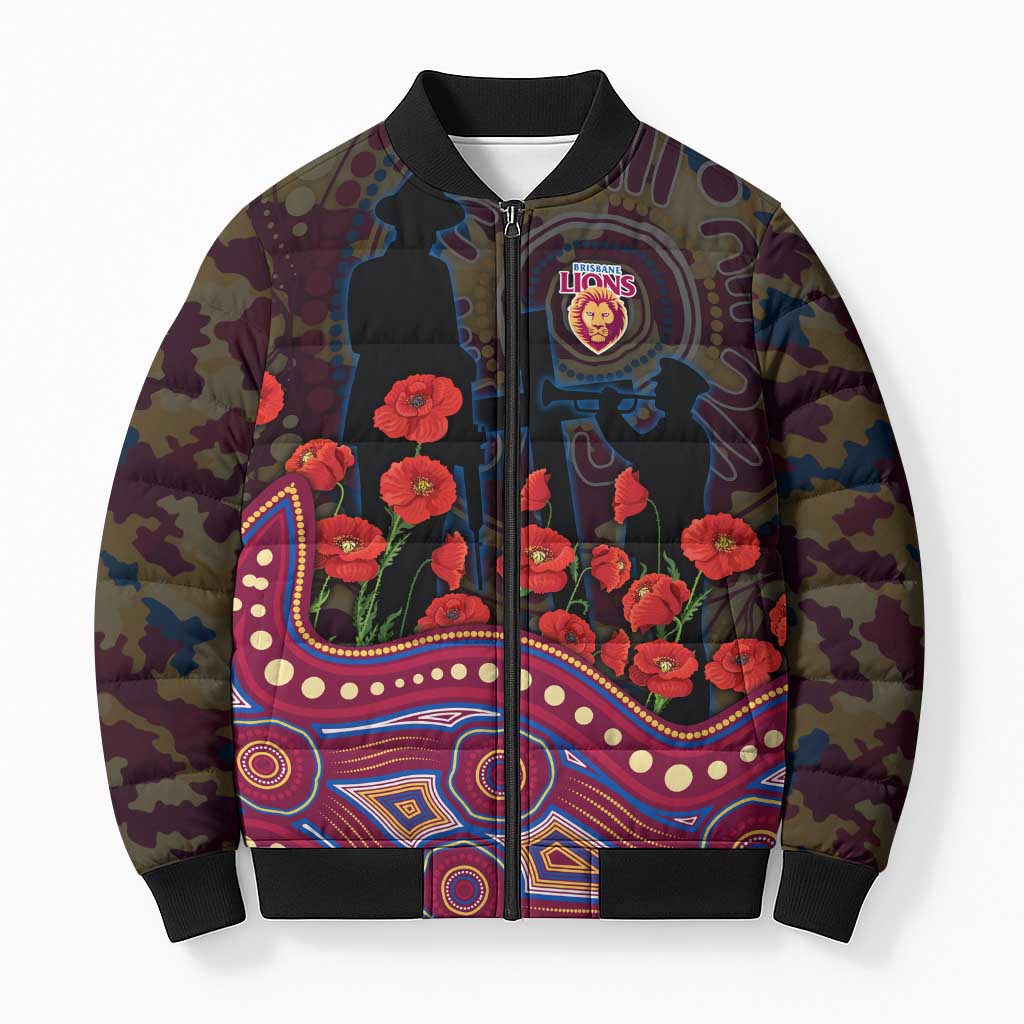 Brisbane Lions ANZAC Day Bomber Puffer Jacket Indigenous Dot Art with Poppy Flower Tribute
