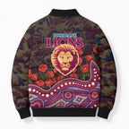 Brisbane Lions ANZAC Day Bomber Puffer Jacket Indigenous Dot Art with Poppy Flower Tribute