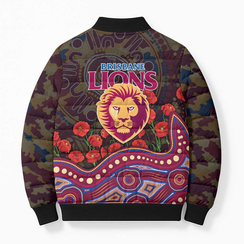 Brisbane Lions ANZAC Day Bomber Puffer Jacket Indigenous Dot Art with Poppy Flower Tribute
