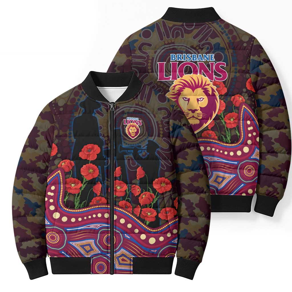 Brisbane Lions ANZAC Day Bomber Puffer Jacket Indigenous Dot Art with Poppy Flower Tribute