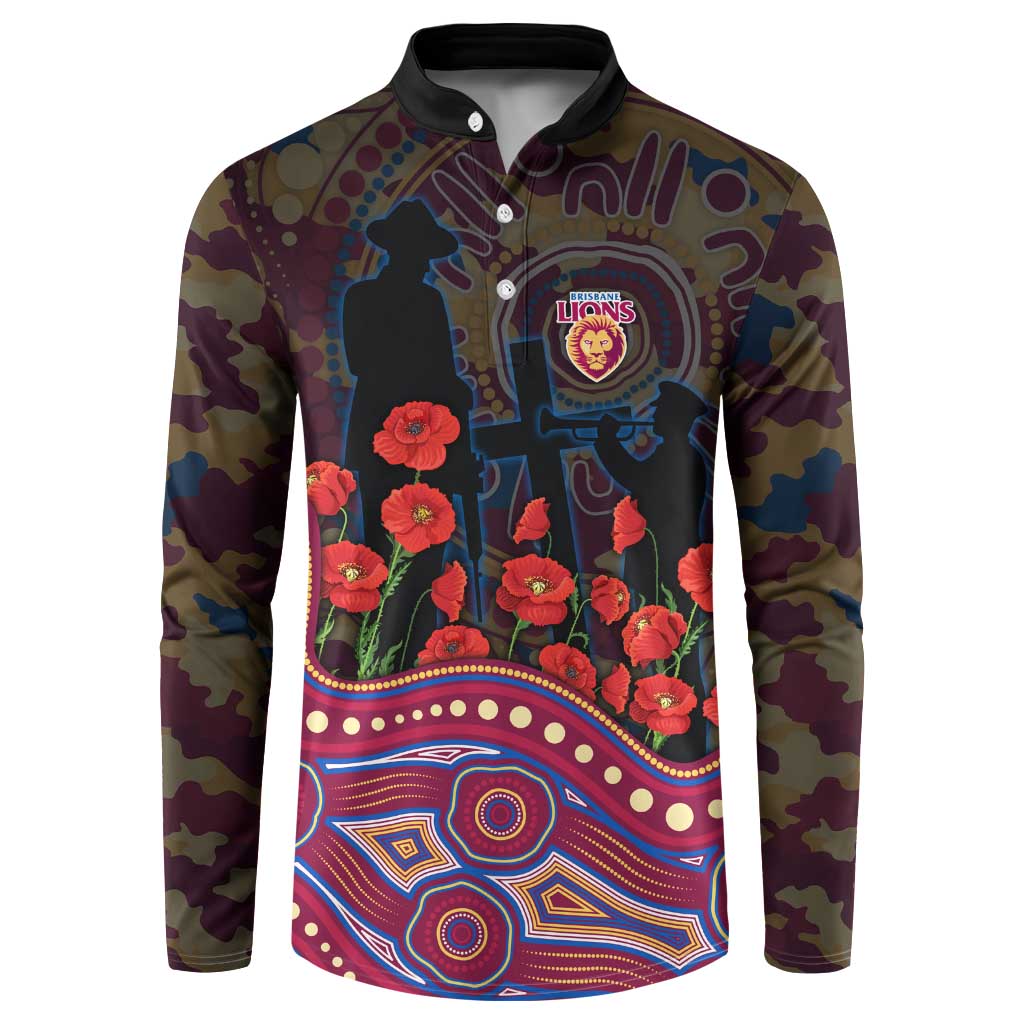 Brisbane Lions ANZAC Day Button Sweatshirt Indigenous Dot Art with Poppy Flower Tribute