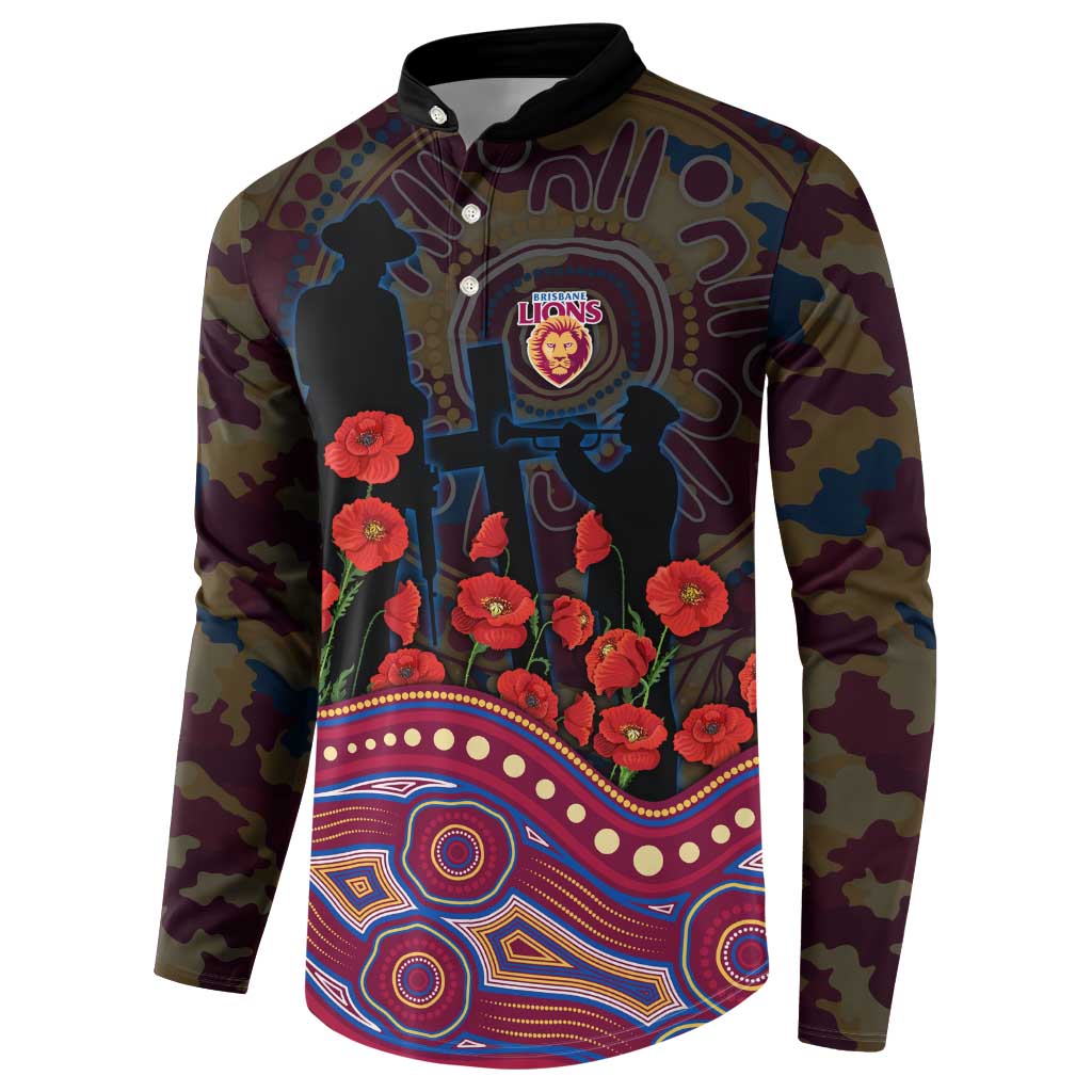 Brisbane Lions ANZAC Day Button Sweatshirt Indigenous Dot Art with Poppy Flower Tribute