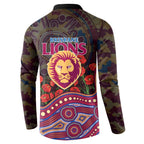 Brisbane Lions ANZAC Day Button Sweatshirt Indigenous Dot Art with Poppy Flower Tribute