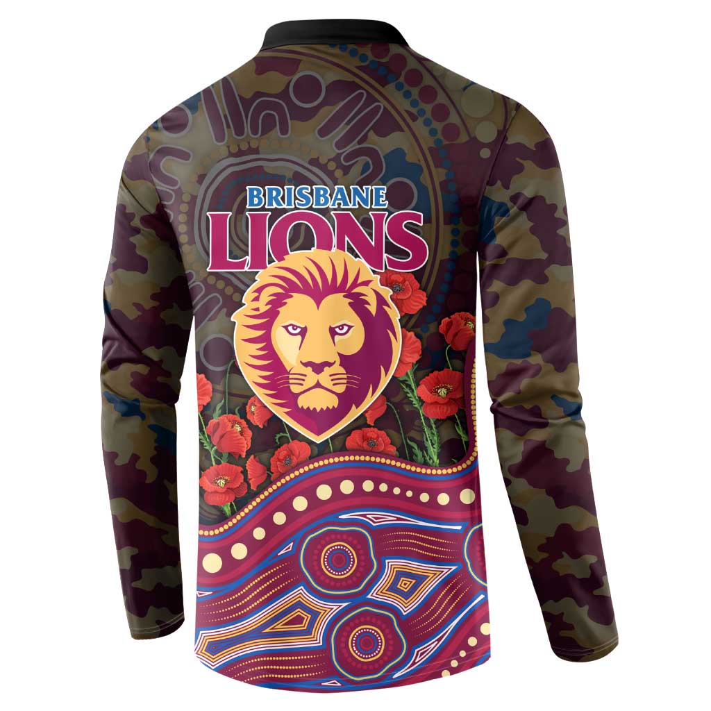 Brisbane Lions ANZAC Day Button Sweatshirt Indigenous Dot Art with Poppy Flower Tribute