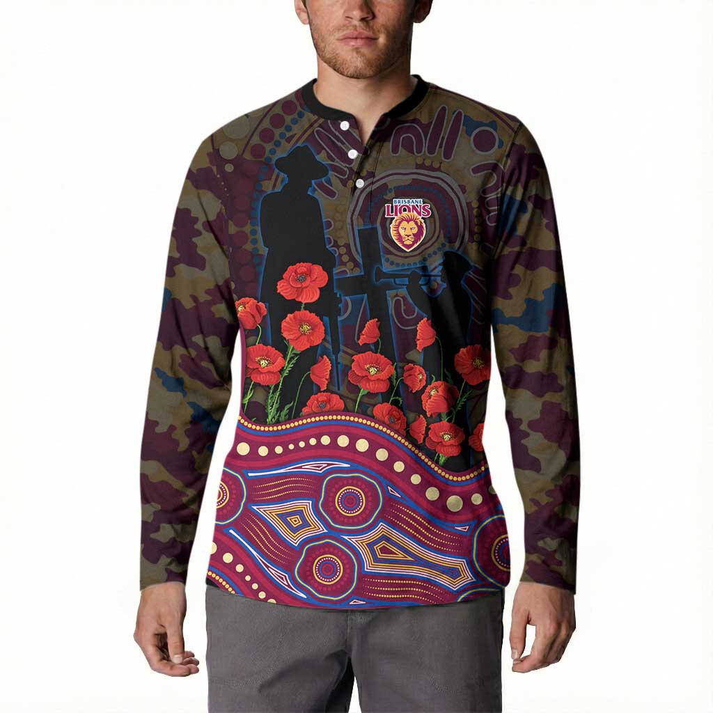 Brisbane Lions ANZAC Day Button Sweatshirt Indigenous Dot Art with Poppy Flower Tribute