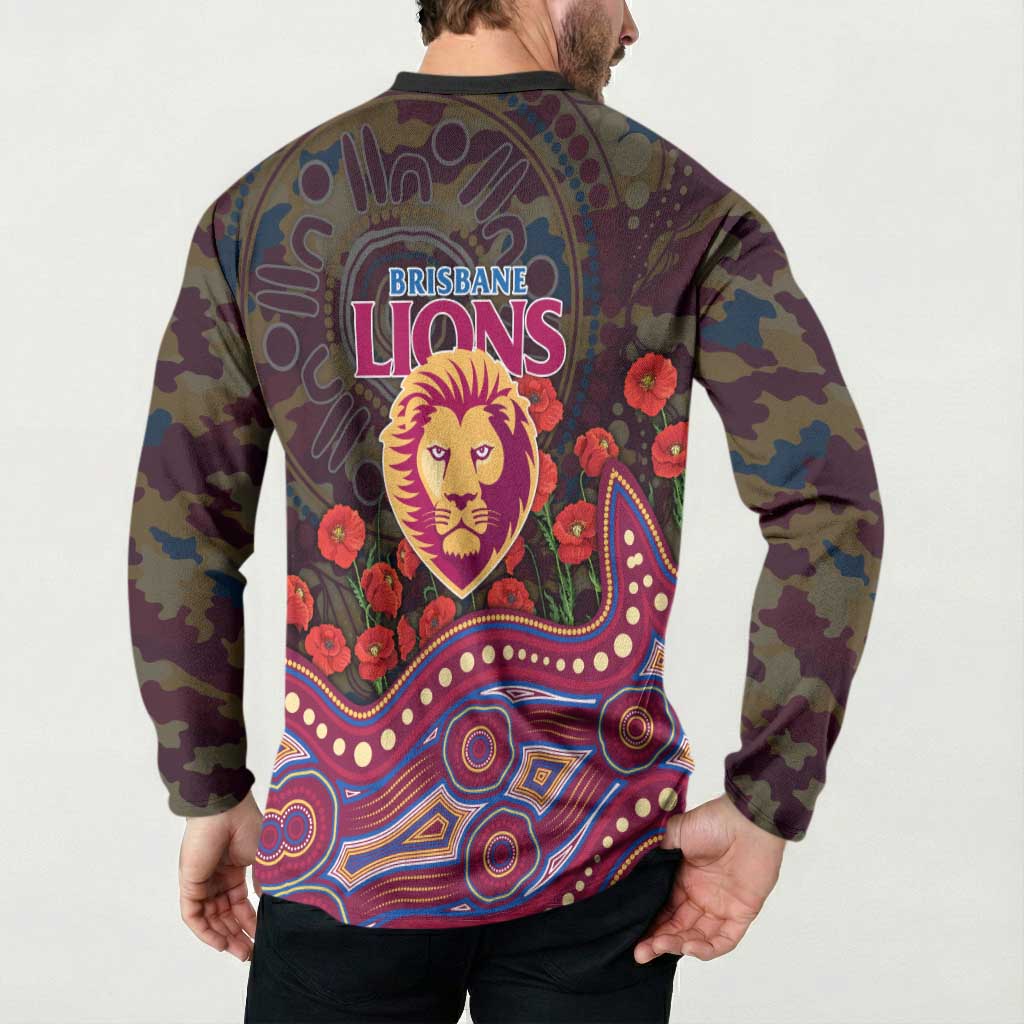 Brisbane Lions ANZAC Day Button Sweatshirt Indigenous Dot Art with Poppy Flower Tribute