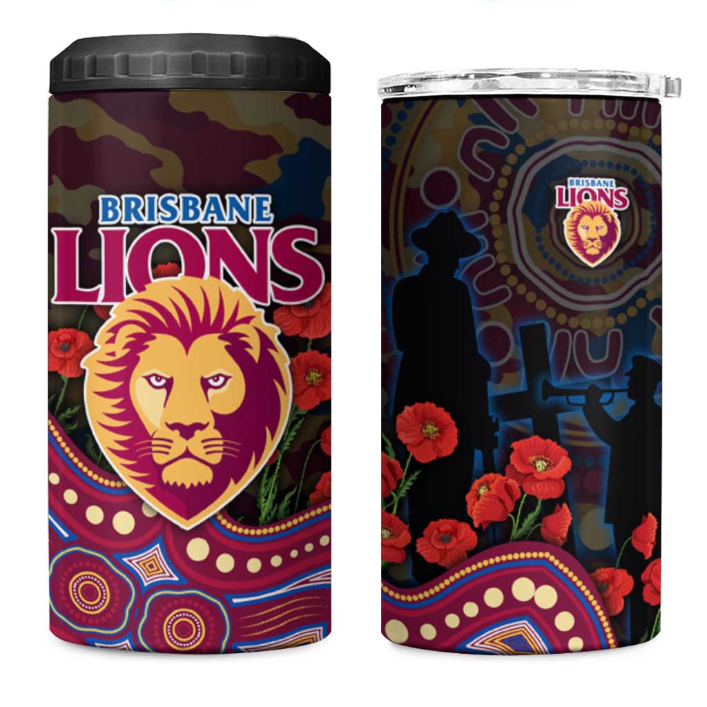 Brisbane Lions ANZAC Day 4 in 1 Can Cooler Tumbler Indigenous Dot Art with Poppy Flower Tribute
