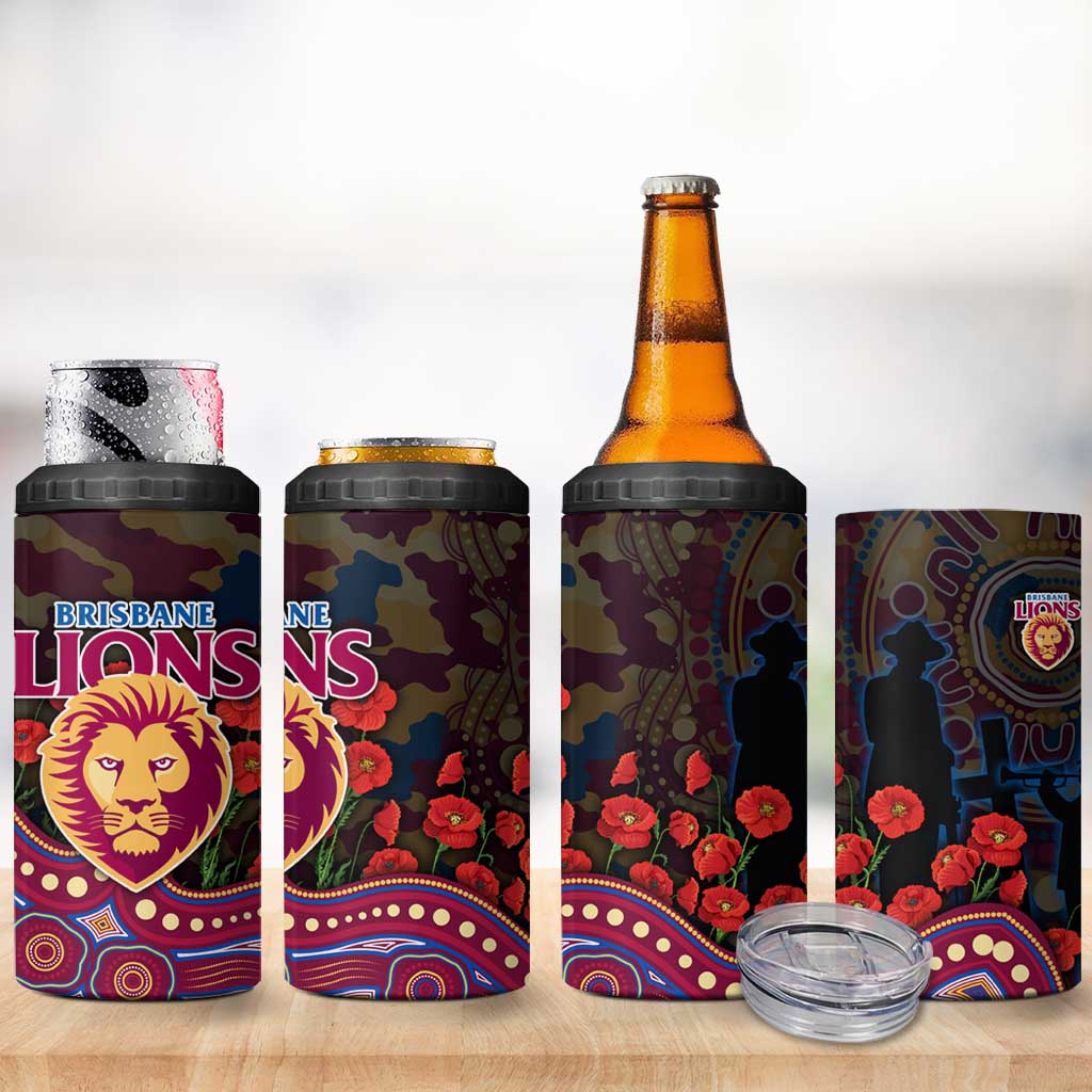 Brisbane Lions ANZAC Day 4 in 1 Can Cooler Tumbler Indigenous Dot Art with Poppy Flower Tribute