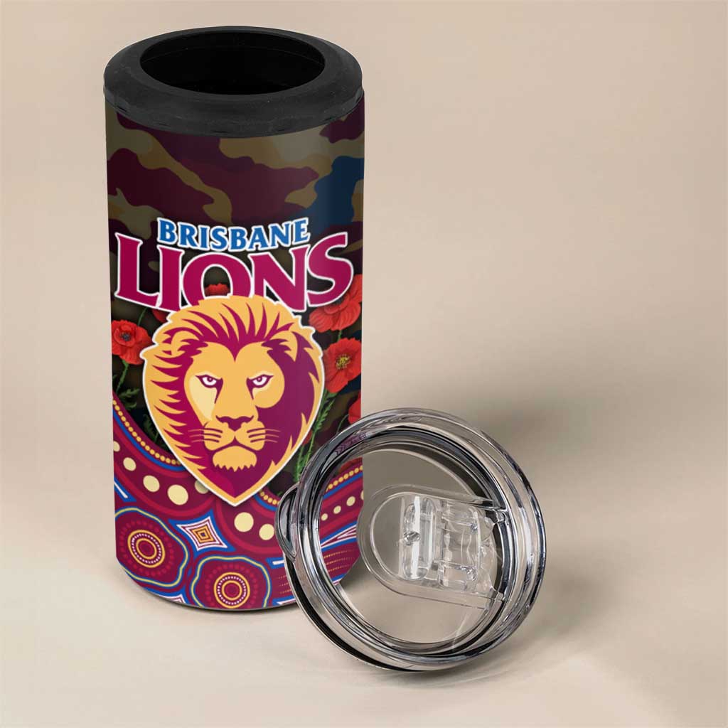 Brisbane Lions ANZAC Day 4 in 1 Can Cooler Tumbler Indigenous Dot Art with Poppy Flower Tribute