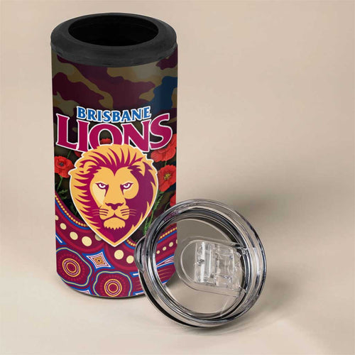 Brisbane Lions ANZAC Day 4 in 1 Can Cooler Tumbler Indigenous Dot Art with Poppy Flower Tribute