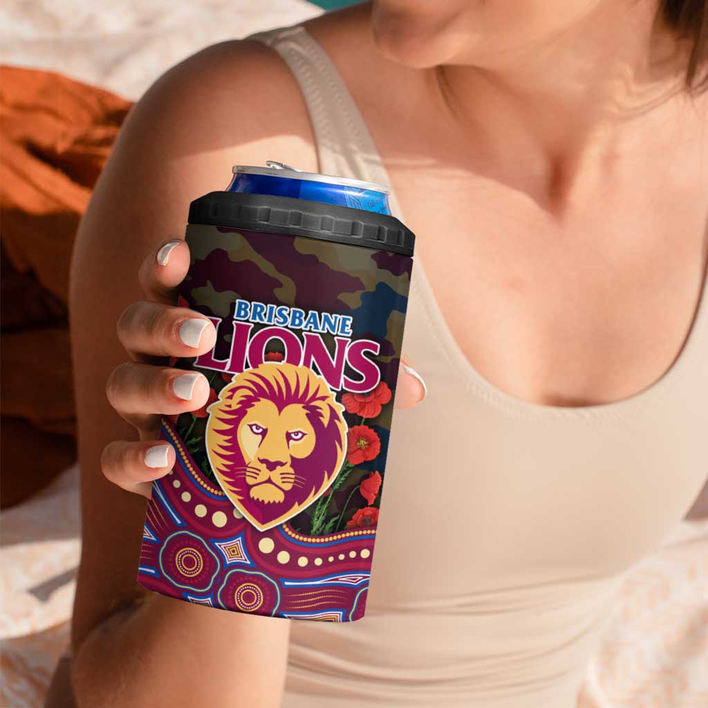 Brisbane Lions ANZAC Day 4 in 1 Can Cooler Tumbler Indigenous Dot Art with Poppy Flower Tribute