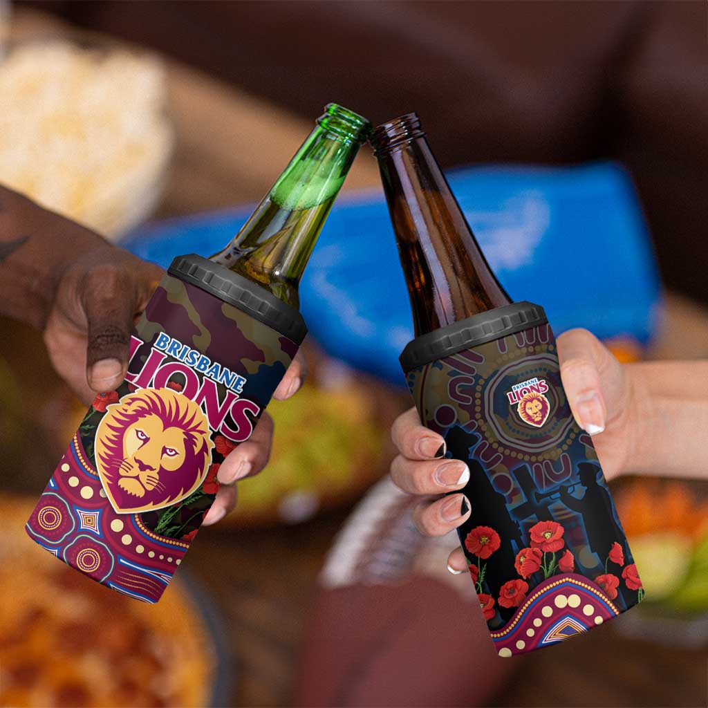 Brisbane Lions ANZAC Day 4 in 1 Can Cooler Tumbler Indigenous Dot Art with Poppy Flower Tribute