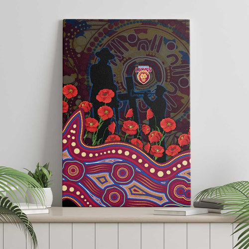 Brisbane Lions ANZAC Day Canvas Wall Art Indigenous Dot Art with Poppy Flower Tribute