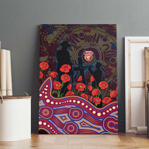 Brisbane Lions ANZAC Day Canvas Wall Art Indigenous Dot Art with Poppy Flower Tribute