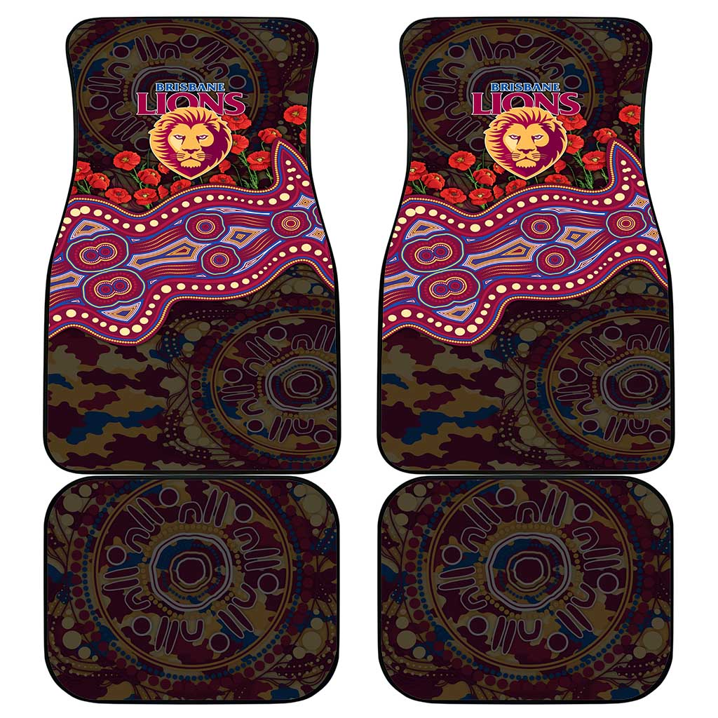 Brisbane Lions ANZAC Day Car Mats Indigenous Dot Art with Poppy Flower Tribute