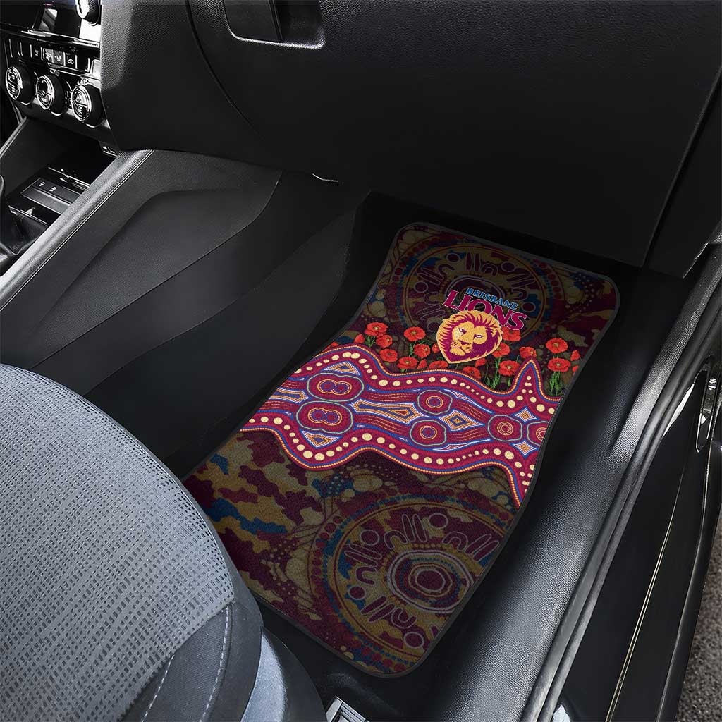 Brisbane Lions ANZAC Day Car Mats Indigenous Dot Art with Poppy Flower Tribute