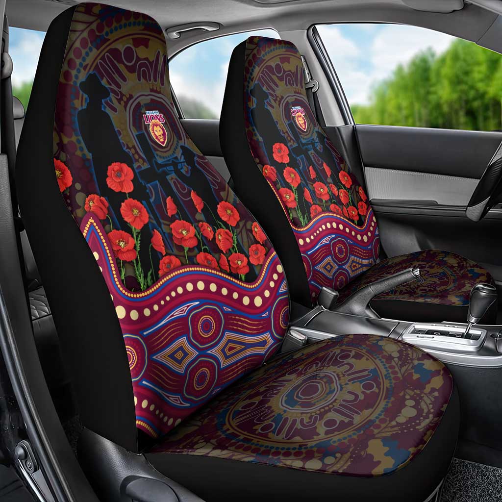 Brisbane Lions ANZAC Day Car Seat Cover Indigenous Dot Art with Poppy Flower Tribute