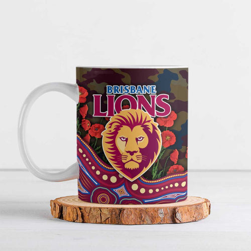 Brisbane Lions ANZAC Day Ceramic Mug Indigenous Dot Art with Poppy Flower Tribute