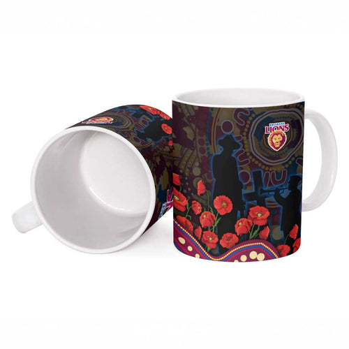 Brisbane Lions ANZAC Day Ceramic Mug Indigenous Dot Art with Poppy Flower Tribute