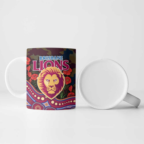 Brisbane Lions ANZAC Day Ceramic Mug Indigenous Dot Art with Poppy Flower Tribute