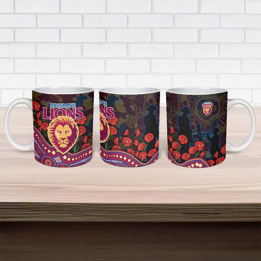 Brisbane Lions ANZAC Day Ceramic Mug Indigenous Dot Art with Poppy Flower Tribute