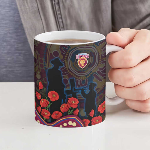 Brisbane Lions ANZAC Day Ceramic Mug Indigenous Dot Art with Poppy Flower Tribute